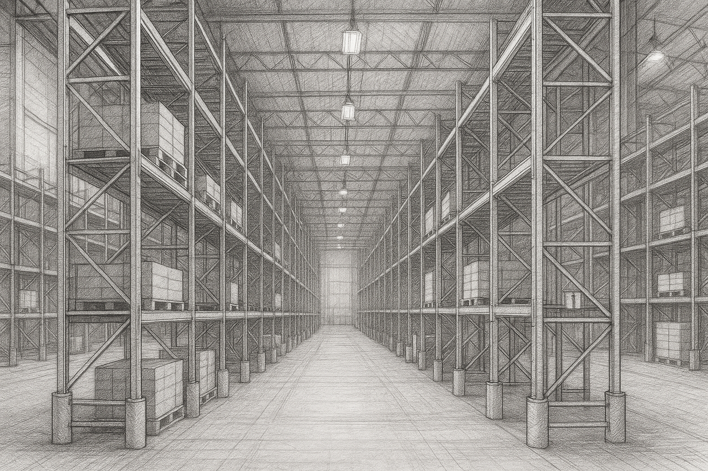 pencil drawing for a warehouse with racking design 