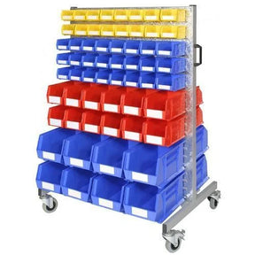 industrial storage bin trolley with 120 industrial plastic storage bins on double-sided louvre panels