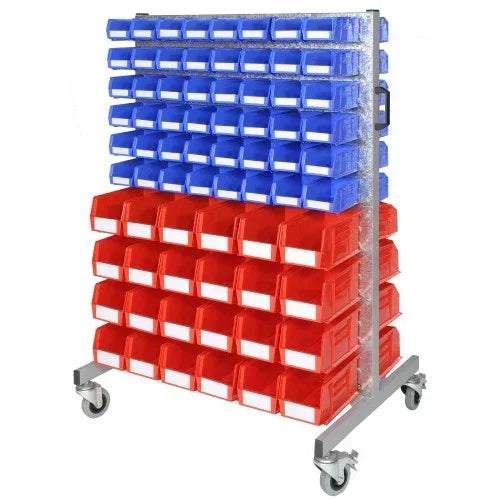 high capacity parts bin trolley with 144 plastic storage bins on louvre panels