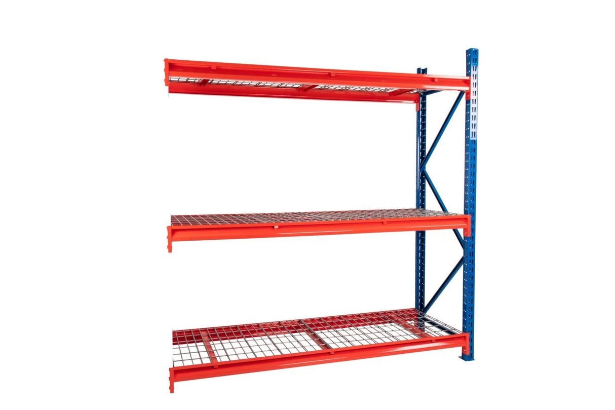 Three-level steel shelving bay with reinforced horizontal beams