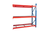 Three-level steel shelving bay with reinforced horizontal beams